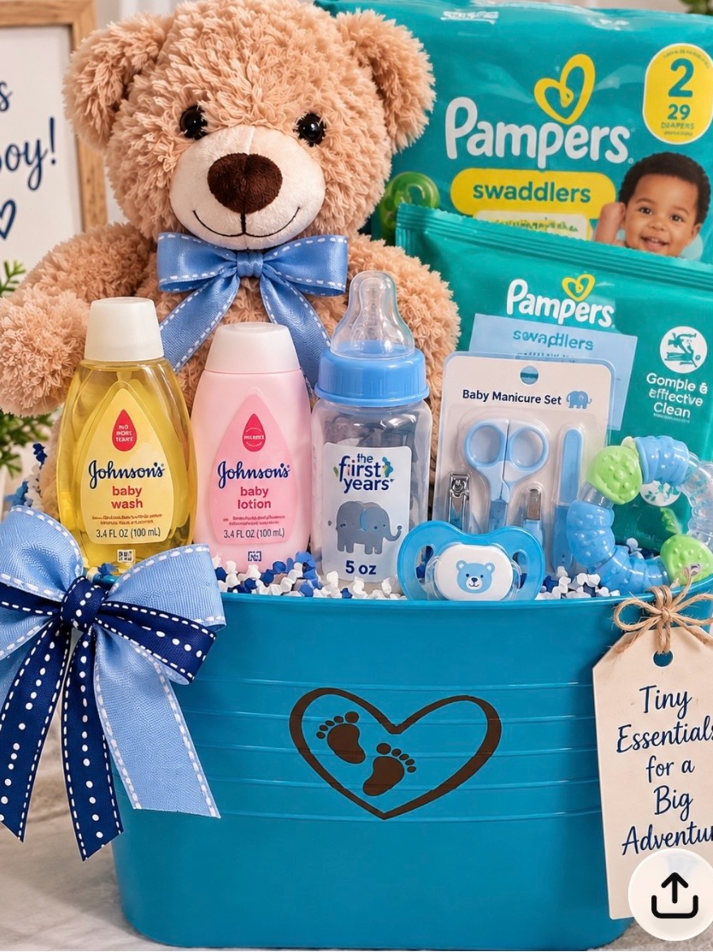 Pampers & Johnson's Baby Bath Gift Set in Blue with Plush Bear